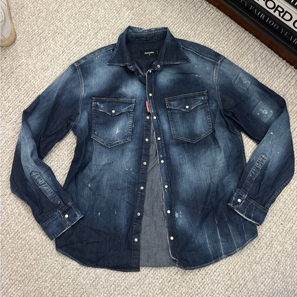 DSQUARED2 Distressed Indigo Denim Button-Down Shirt